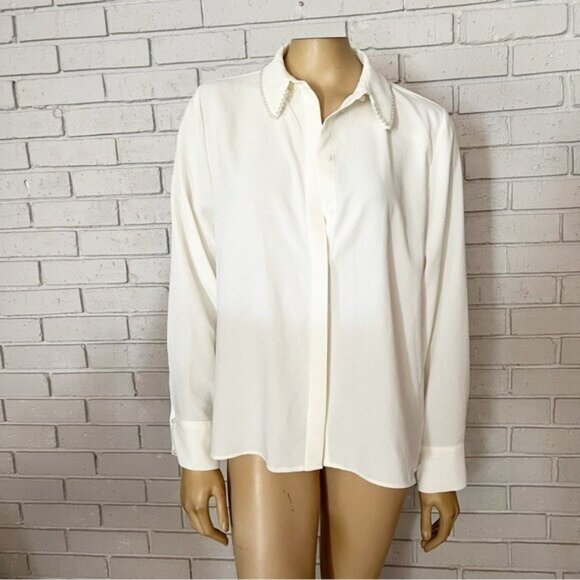 Zara White Pearl Lapel Crepe Shirt NWT Size L • Hidden Buttons • Elegant Blouse - Picture 8 of 9